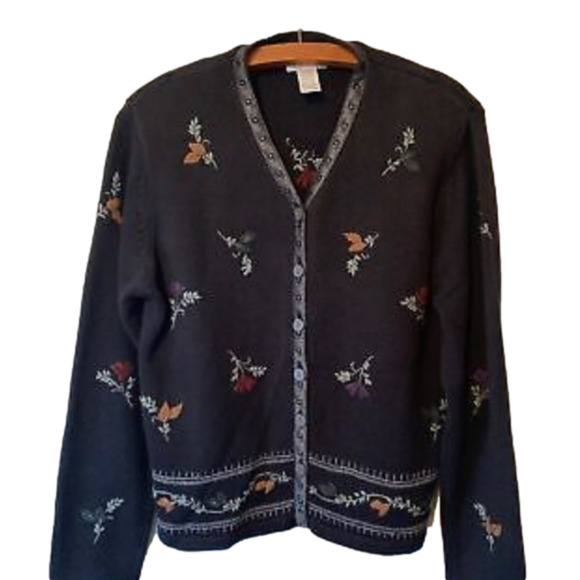 Vintage Sweaters - VTG Hand Embroidered Black Floral Cardigan Sweater: Size M